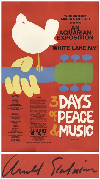 Pristine Original Woodstock Concert Poster Signed by Artist Arnold Skolnick -- First Printing, Large Format Poster Measures 24'' x 36''